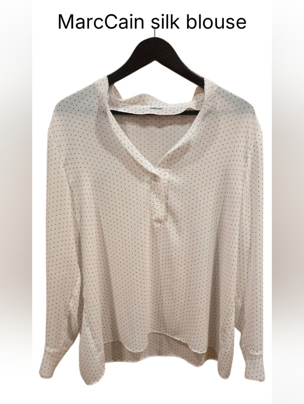 Marc Cain White Silk Blouse with Black Polka Dots Sz L-XL Like New